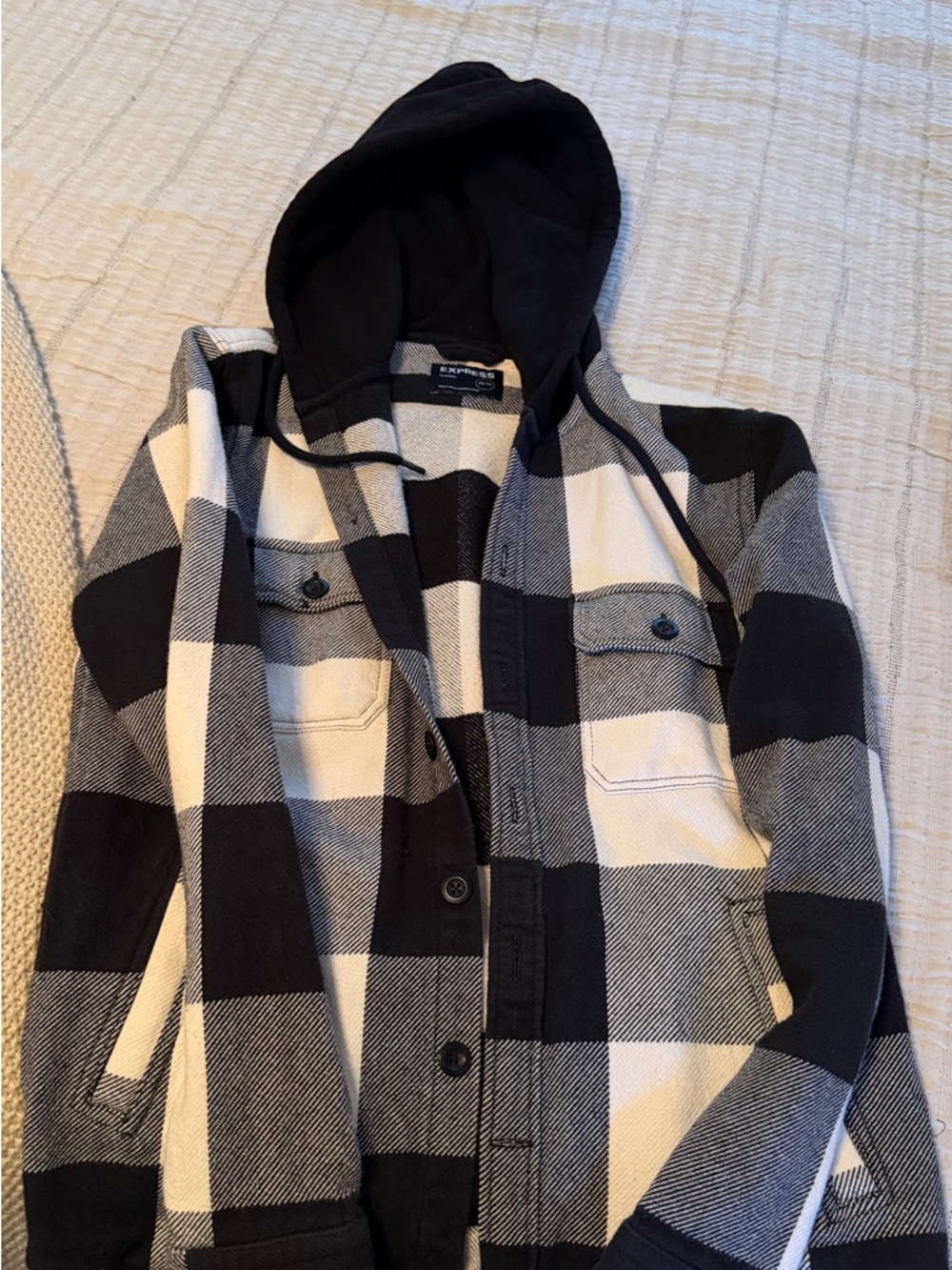 Express Black & Cream Check Hooded Flannel Shacket